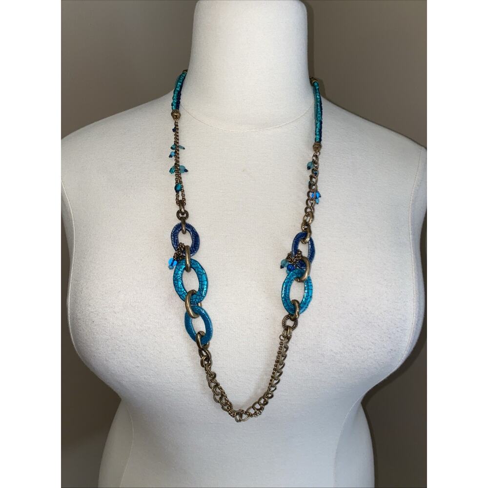 Chicos Turquoise & Blue Oval Acrylic Bead & Antiqued Gold Statement Necklace 35”